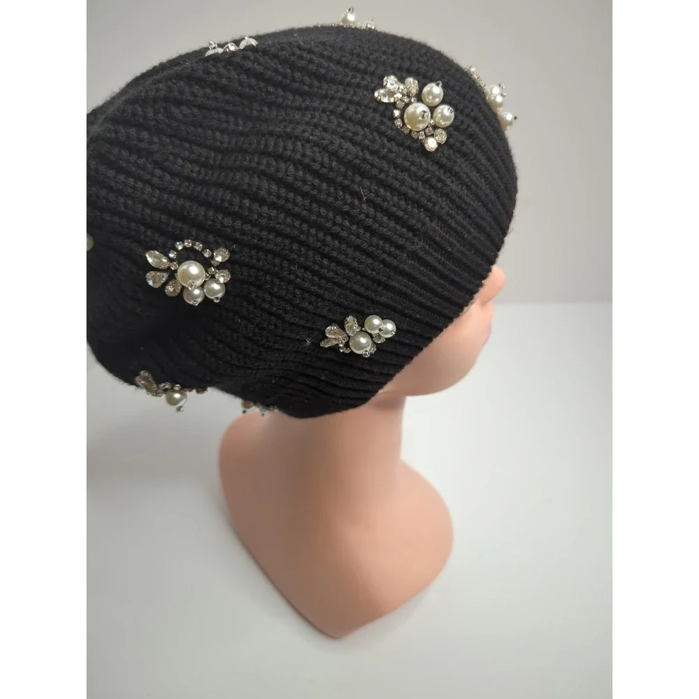 Alice + Olivia Black Wool Beret Knit Hat Rhinestone Slouchy Beanie Whimsigoth